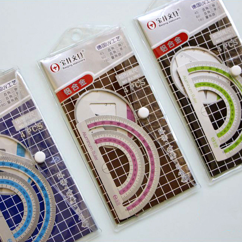 4 tk/komplekt Creative alumiiniumsulamist joonlaua komplekt Joonistustööriistad Mõõtmisriistad KolmnurkJoonjoon, sirge nurk Protraktor Kooli kontoritarbed