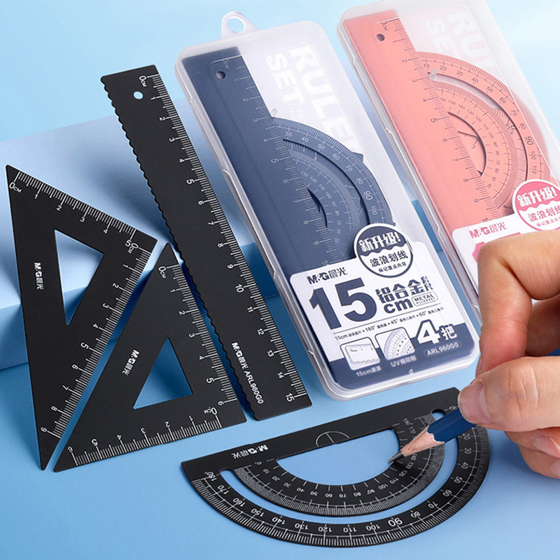 Alumīnija lineālu komplekts Metāla/plastmasas/mīkstie lineāli Matemātiskā ģeometrija Matemātika Zīmējums Kompass Rakstāmpiederumi Studentu skola 2023 Dāvana