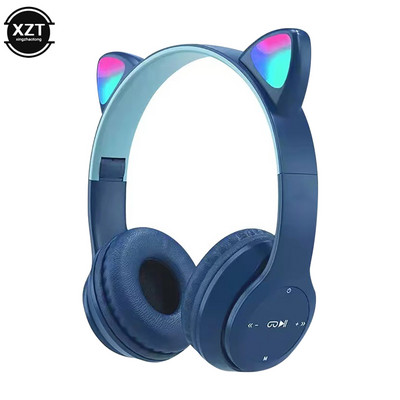 Căști compatibile Bluetooth cu ureche de pisică drăguță cu căști fără fir LED Copii Fete Căști sport pliabile stereo cu microfon