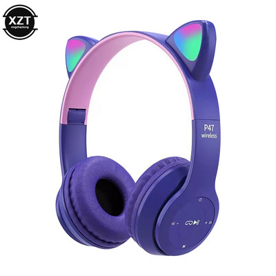 Căști compatibile Bluetooth cu ureche de pisică drăguță cu căști fără fir LED Copii Fete Căști sport pliabile stereo cu microfon