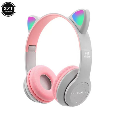 Căști compatibile Bluetooth cu ureche de pisică drăguță cu căști fără fir LED Copii Fete Căști sport pliabile stereo cu microfon