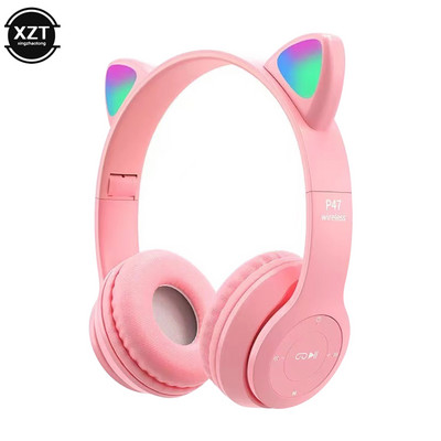 Căști compatibile Bluetooth cu ureche de pisică drăguță cu căști fără fir LED Copii Fete Căști sport pliabile stereo cu microfon