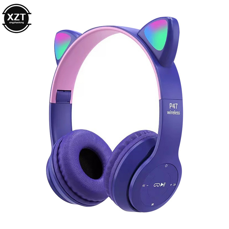Căști compatibile Bluetooth cu ureche de pisică drăguță cu căști fără fir LED Copii Fete Căști sport pliabile stereo cu microfon