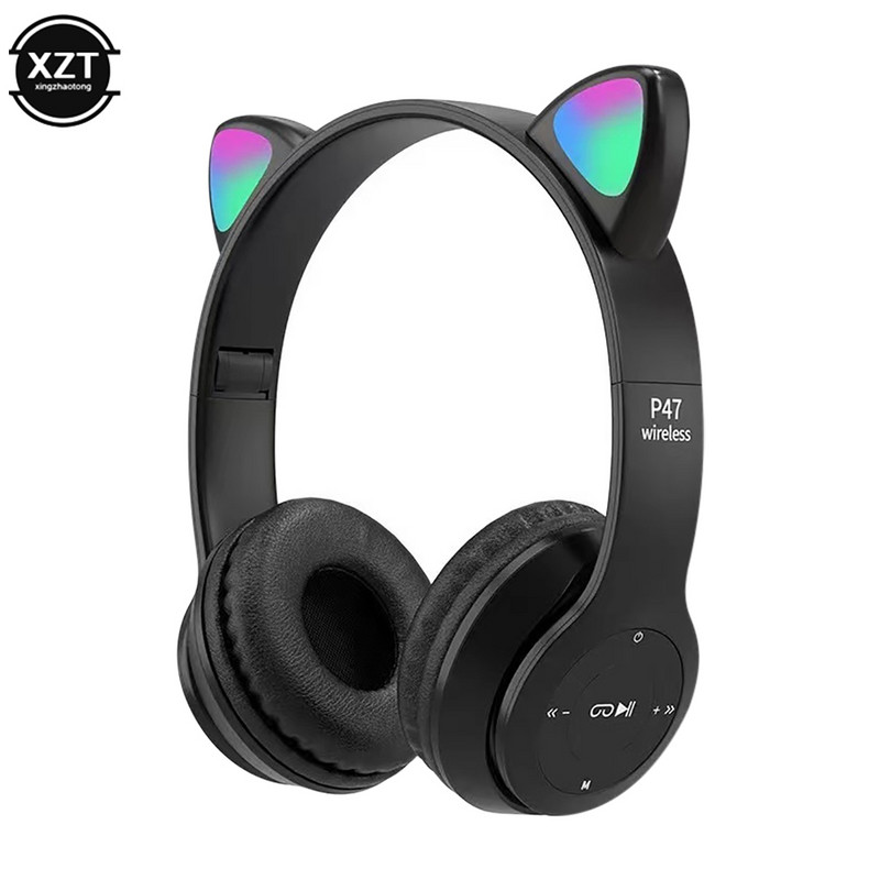 Căști compatibile Bluetooth cu ureche de pisică drăguță cu căști fără fir LED Copii Fete Căști sport pliabile stereo cu microfon