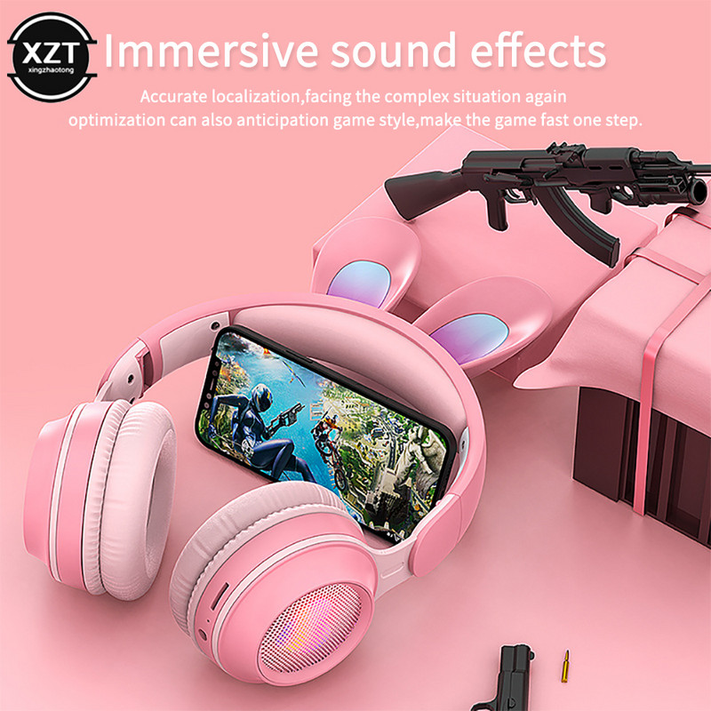 Mielos animacinės Rabbit Ear belaidės ausinės su mikrofonu Stereo muzikos Bluetooth ausinės su LED šviesos žaidimo ausinių fonu