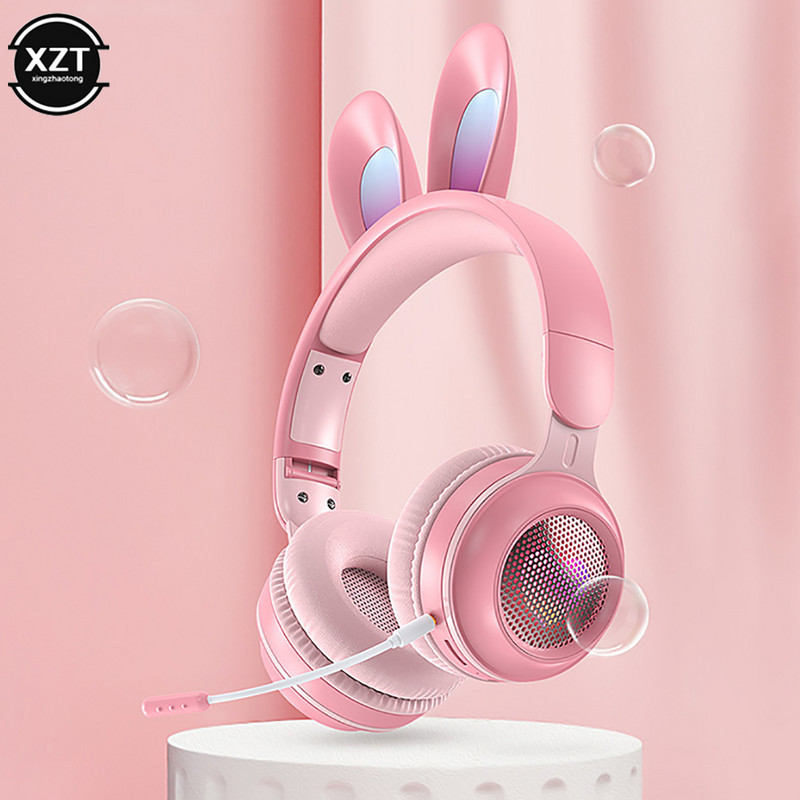 Mielos animacinės Rabbit Ear belaidės ausinės su mikrofonu Stereo muzikos Bluetooth ausinės su LED šviesos žaidimo ausinių fonu