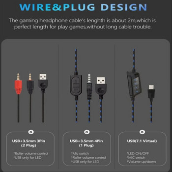 830Pro Gaming Headsets Ενσύρματα ακουστικά USB Microphone Gamer Ακουστικά Surround Sound Stereo Πολύχρωμο φως για φορητό υπολογιστή