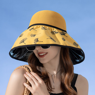 Moterų vasaros sulankstoma kepurė paplūdimio atostogoms Lady Spring Vinilinis kremas nuo saulės Bowler Ginkgo lapų raštas Apsauginis dangtelis nuo saulės Naujas