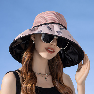 Moterų vasaros sulankstoma kepurė paplūdimio atostogoms Lady Spring Vinilinis kremas nuo saulės Bowler Ginkgo lapų raštas Apsauginis dangtelis nuo saulės Naujas