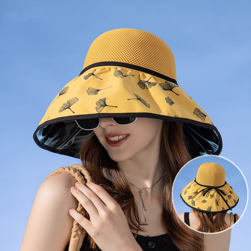 Moterų vasaros sulankstoma kepurė paplūdimio atostogoms Lady Spring Vinilinis kremas nuo saulės Bowler Ginkgo lapų raštas Apsauginis dangtelis nuo saulės Naujas