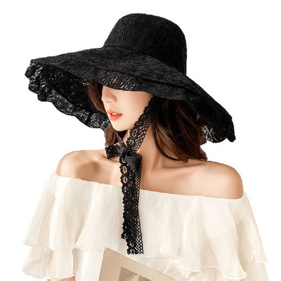 Madinga nėriniuota skrybėlė Vasarinė plataus krašto saulė balta juoda nėrinių vakarėlis Vestuvėms Pakuojama paplūdimio kepurė