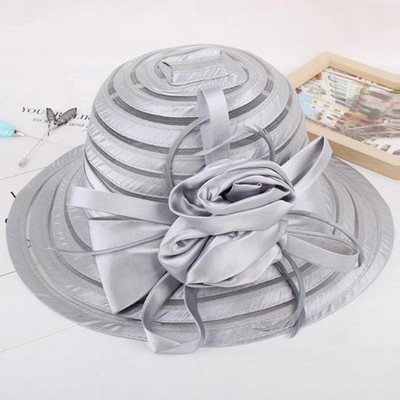 Uus mood naiste suvised organza päikesekübarad laia äärega suure lilleõiega Fedora müts Elegantne naiste pulmakiriku peomüts