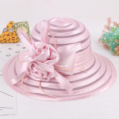 Uus mood naiste suvised organza päikesekübarad laia äärega suure lilleõiega Fedora müts Elegantne naiste pulmakiriku peomüts