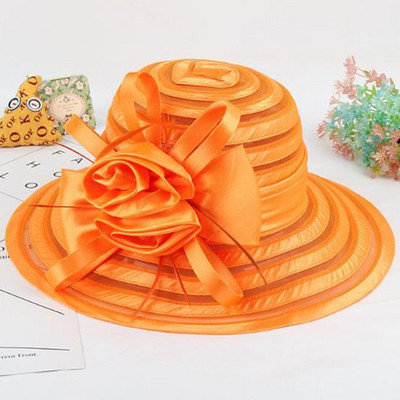 Uus mood naiste suvised organza päikesekübarad laia äärega suure lilleõiega Fedora müts Elegantne naiste pulmakiriku peomüts