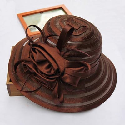 Uus mood naiste suvised organza päikesekübarad laia äärega suure lilleõiega Fedora müts Elegantne naiste pulmakiriku peomüts