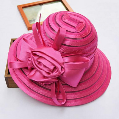 Uus mood naiste suvised organza päikesekübarad laia äärega suure lilleõiega Fedora müts Elegantne naiste pulmakiriku peomüts