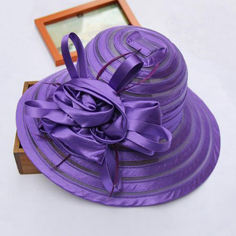 Uus mood naiste suvised organza päikesekübarad laia äärega suure lilleõiega Fedora müts Elegantne naiste pulmakiriku peomüts