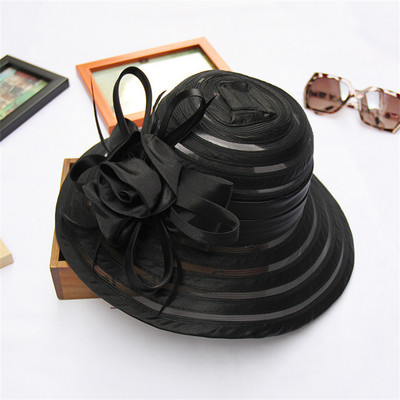 Naujos elegantiškos vasarinės organzos skrybėlės nuo saulės moterims plačiakraštės su didele gėle Fedora Hat Madinga Moterų Vestuvių bažnyčios vakarėlio kepurė