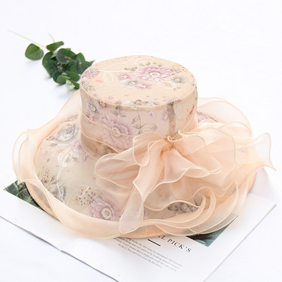 Naujos elegantiškos vasarinės organzos skrybėlės nuo saulės moterims plačiakraštės su didele gėle Fedora Hat Madinga Moterų Vestuvių bažnyčios vakarėlio kepurė