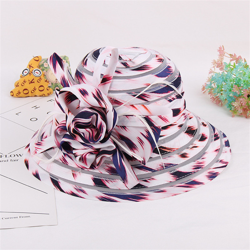 Naujos elegantiškos vasarinės organzos skrybėlės nuo saulės moterims plačiakraštės su didele gėle Fedora Hat Madinga Moterų Vestuvių bažnyčios vakarėlio kepurė