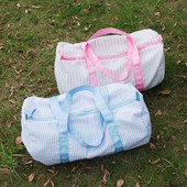 Sinine segavärvi triipudega laste Seersucker reisikott Isikupärastatud monogrammiga tikitud Duffel Barrel kott Reisikott DOM