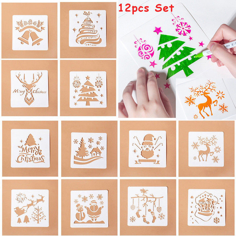 12 бр. Пластмасови трафарети за многократна употреба за рисуване Направи си сам Scrapbooking Дневник Scrapbook Journal Template Училищни канцеларски материали Подаръци