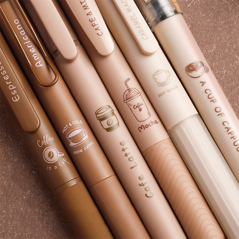 6 vnt. kavos laiko gelio rašiklių paryškinimo rinkinys 0,5 mm rutulinis juodos spalvos rašalas ir kavos žymeklis rašymui A7439