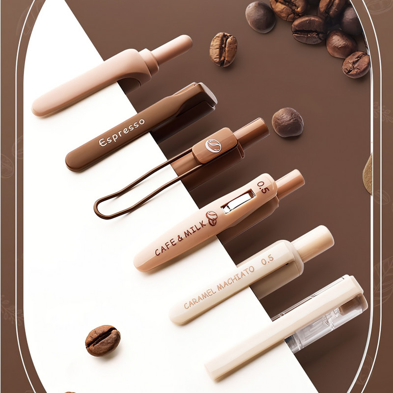 6 vnt. kavos laiko gelio rašiklių paryškinimo rinkinys 0,5 mm rutulinis juodos spalvos rašalas ir kavos žymeklis rašymui A7439