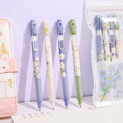 4 τεμ. Little Daisy Gel Pens Set Fresh Flower 0,5mm Ballpoint Quick Dry Black Color Ink for Writing School Office A7244