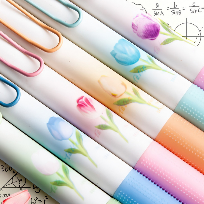 6db tulipán virág lány zselés toll készlet virágos 0,5 mm-es golyóstoll fekete színes tinta íráshoz A7437