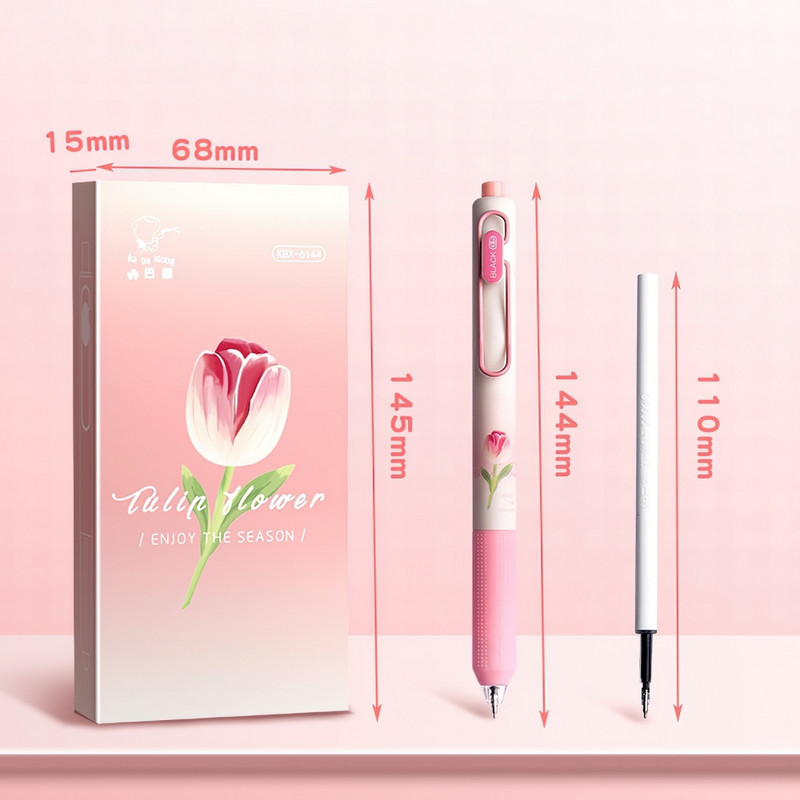 6db tulipán virág lány zselés toll készlet virágos 0,5 mm-es golyóstoll fekete színes tinta íráshoz A7437