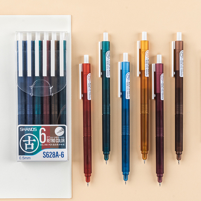 6 vnt Retro spalvos gelio rašalo rašalo rinkinys 0,5 mm rutulinio antgalio matinis korpusas baltas spaustuko įdėklo žymeklis Piešimo parašas mokykliniai reikmenys A6781