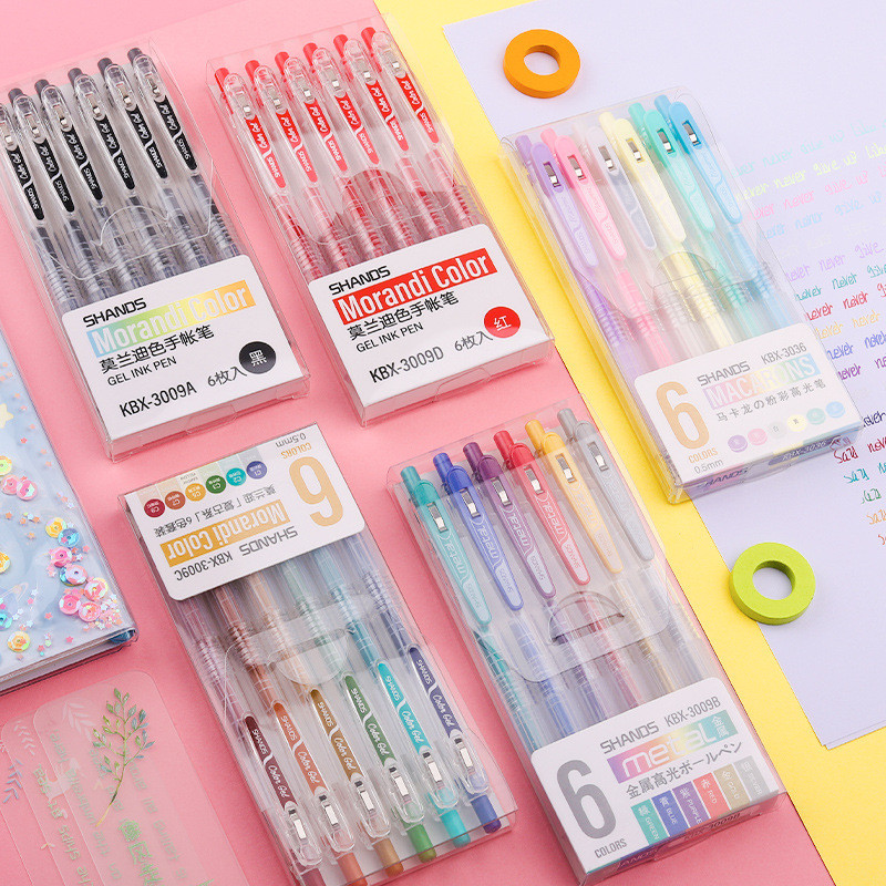 6 vnt sulčių spalvos paspaudimo tipo gelio rašalo rašiklio rinkinys Retro Morandi Macaron Metallic Colors Liner Marker Journal Piešimo mokykla A6780
