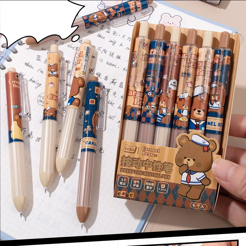 6 vnt animacinių filmų gelio rašiklių rinkinys mielas triušis meškiukas persikas 0,5 mm smulkios spalvos juodos spalvos rašalas, skirtas rašyti biuro mokyklai A7232