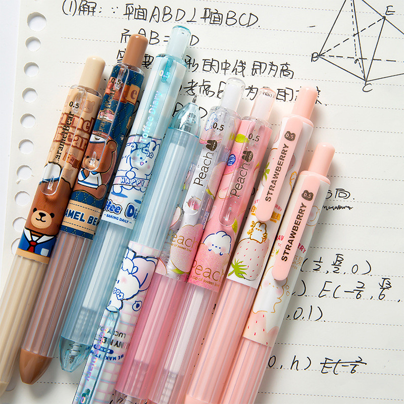 6 vnt animacinių filmų gelio rašiklių rinkinys mielas triušis meškiukas persikas 0,5 mm smulkios spalvos juodos spalvos rašalas, skirtas rašyti biuro mokyklai A7232