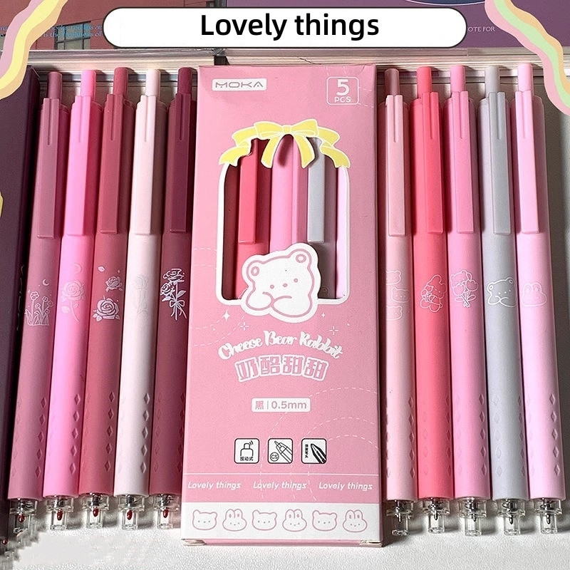 5 vnt gelio rašalo rašiklių rinkinys Rožių žiedų sūris Bear Moonlight Metaverse 0,5 mm rutulinio taško juodos spalvos rašymui A7449