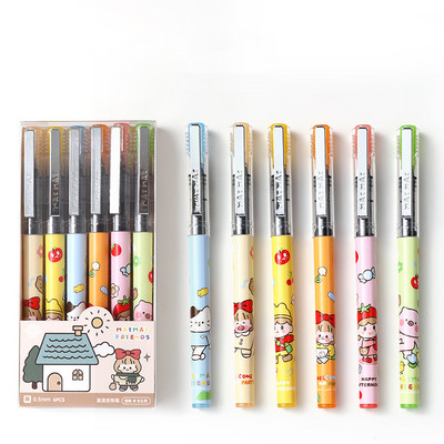 Set de 6 pixuri cu gel de desene animate cu rață drăguță, prieteni animale, fructe, 0,5 mm, cerneală, culoare neagră, birou, școală A6890