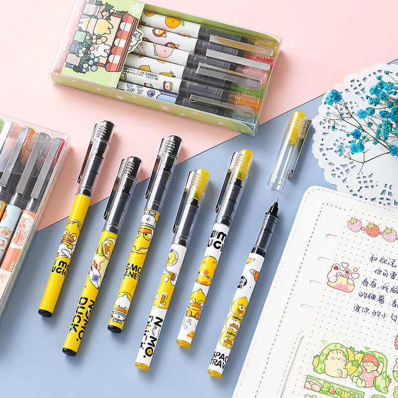 Set de 6 pixuri cu gel de desene animate cu rață drăguță, prieteni animale, fructe, 0,5 mm, cerneală, culoare neagră, birou, școală A6890