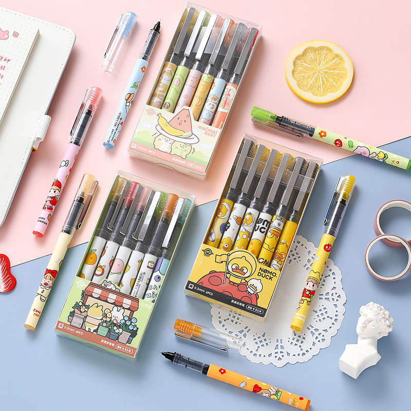 Set de 6 pixuri cu gel de desene animate cu rață drăguță, prieteni animale, fructe, 0,5 mm, cerneală, culoare neagră, birou, școală A6890