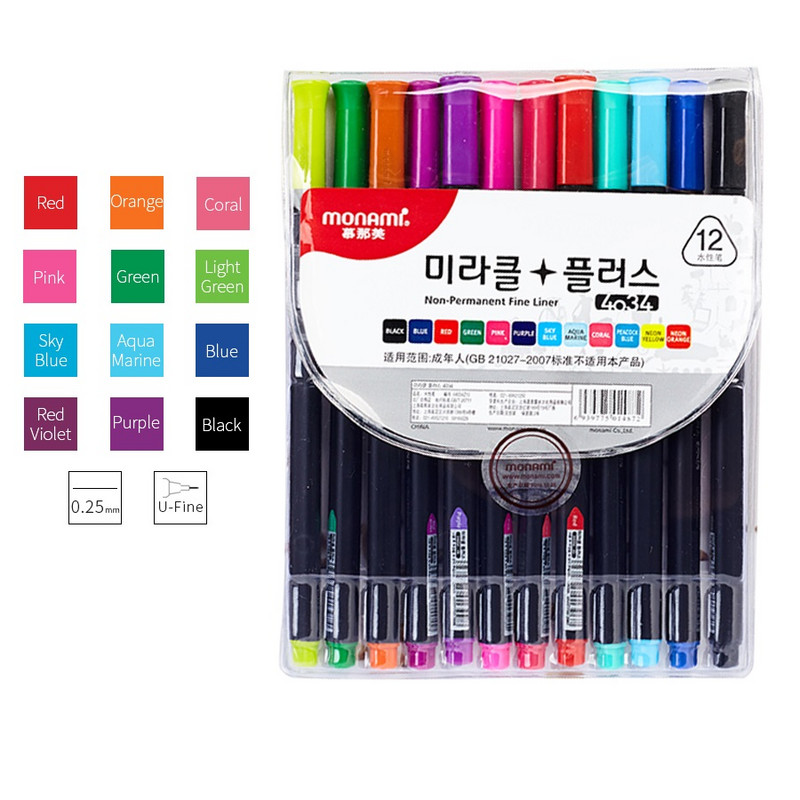 12vnt Monami 0.25mm Ultra Fine Liner Color Skyst Rašalo rašiklių rinkinys Nepermanentinis trikampis meninis piešinys 4034 Fineliner School A6740