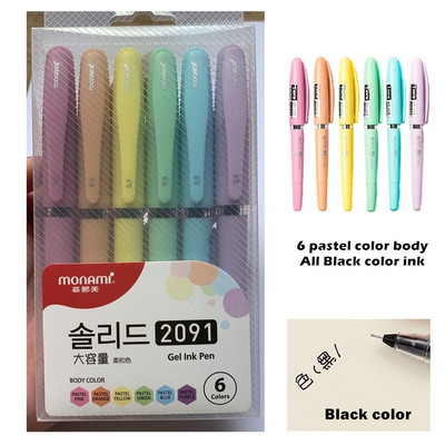 6kom Monami Good Writing Gel Ink Pen Set Pastel Color Barrel 0.5mm Black Pens of Office Signature School Supplies F6119