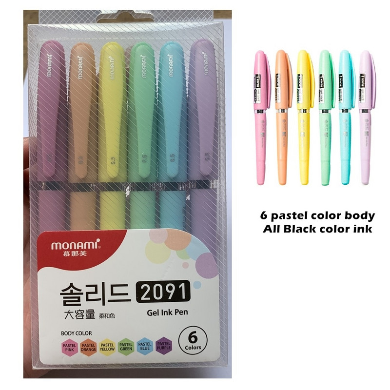 6kom Monami Good Writing Gel Ink Pen Set Pastel Color Barrel 0.5mm Black Pens of Office Signature School Supplies F6119