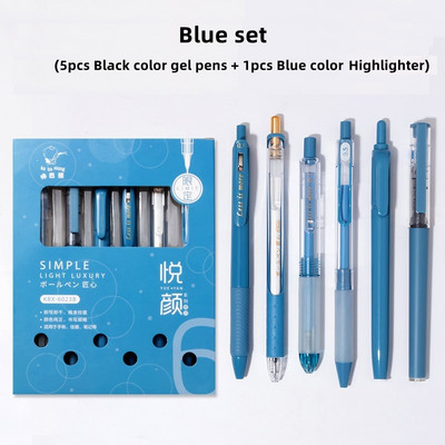 Set de 6 pixuri pentru scris, 0,5 mm, cerneală gel de culoare neagră și marcator de evidențiere color retro, birou, școală FC7200