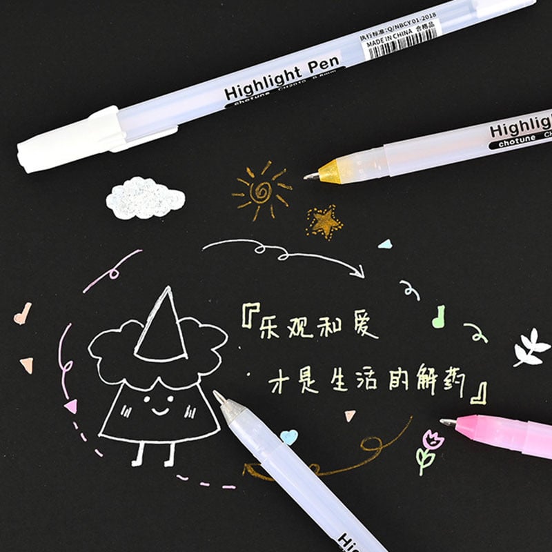 Set de 9 bucăți de culori, stilou cu cerneală gel de evidențiere, 0,8 mm, vârf de glonț, alb, argintiu, aur, pentru artă, desen, schiță, design, marker de scriere linie fină