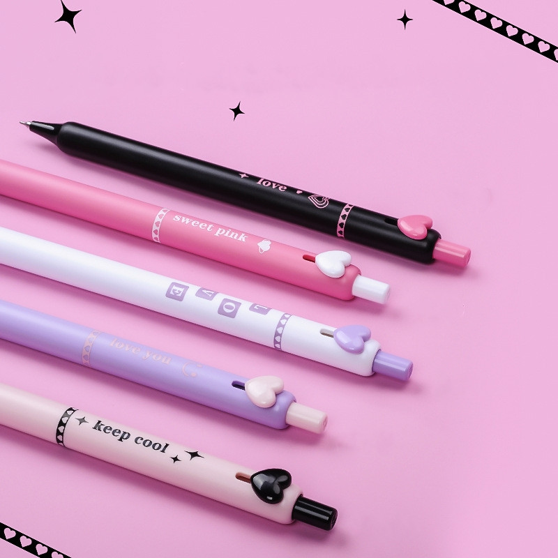 5 pixuri cu gel roz negru, buton de dragoste dulce, 0,5 mm, cerneală, culoare neagră, pentru scris, birou, școală F7472