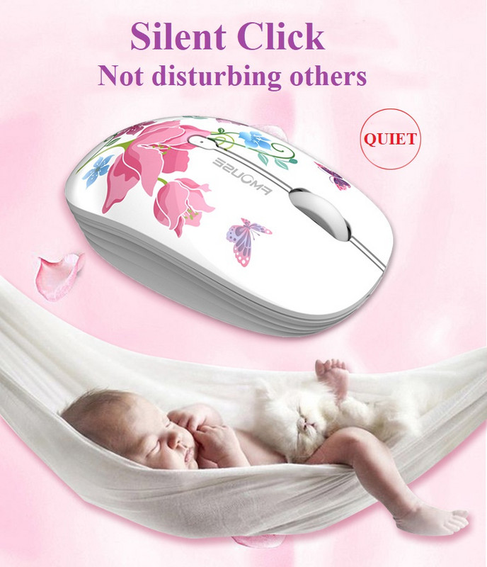 Belaidė pelė 2.4G nešiojamos tylios ir ergonomiškos pelės, skirtos PC Mac nešiojamiesiems kompiuteriams biuro reikmenys drugelių gėlės puiki išvaizda