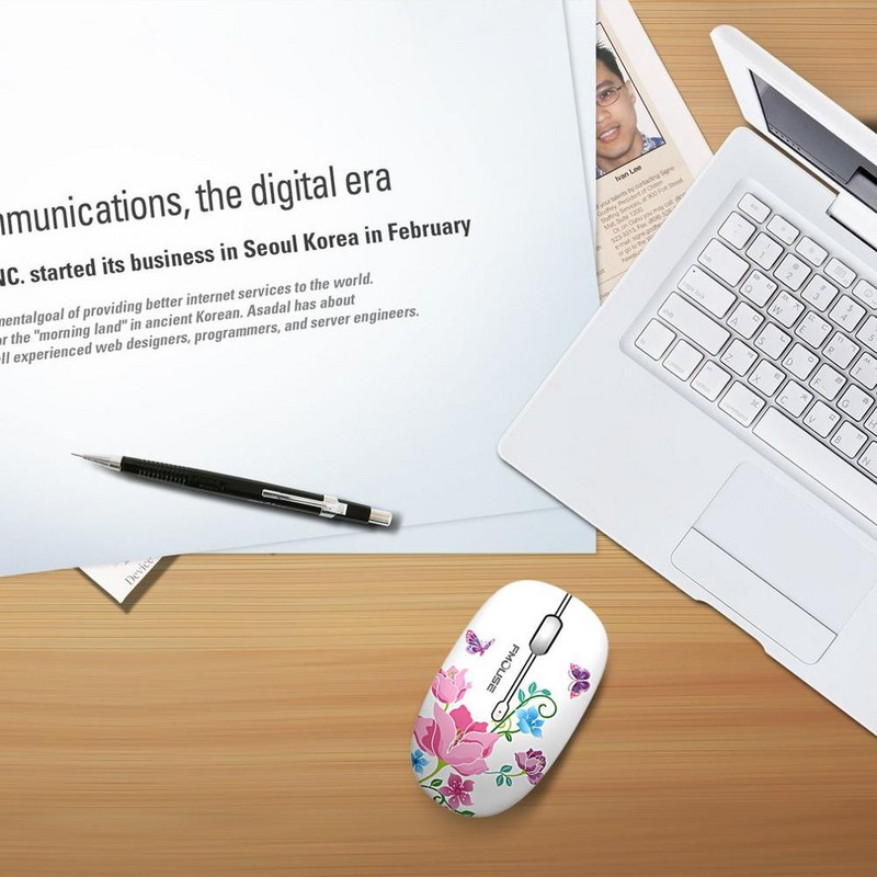Belaidė pelė 2.4G nešiojamos tylios ir ergonomiškos pelės, skirtos PC Mac nešiojamiesiems kompiuteriams biuro reikmenys drugelių gėlės puiki išvaizda