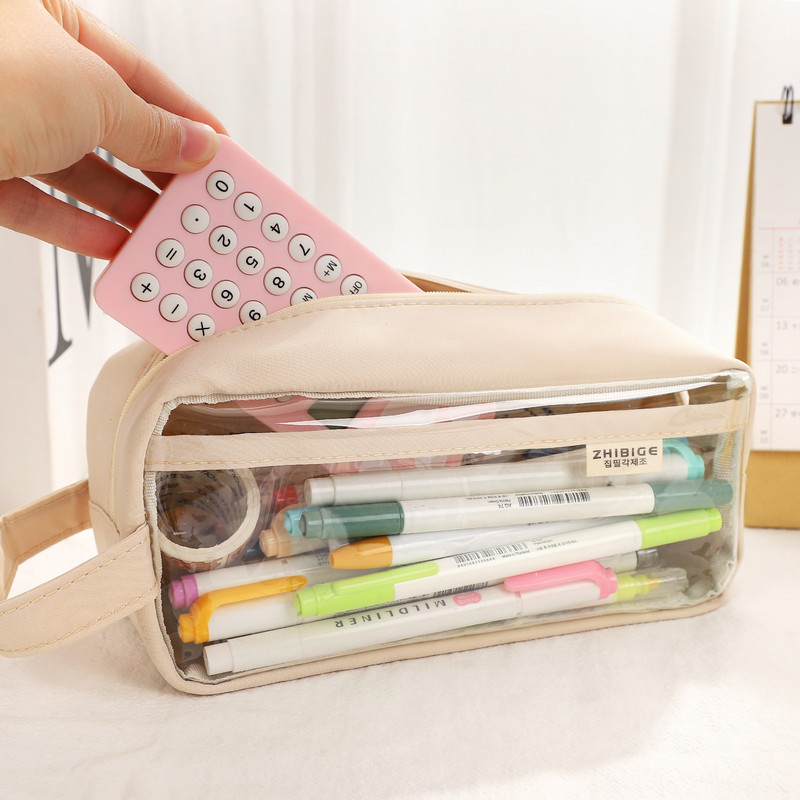 1 vnt. Paprastas didelės talpos skaidrus pieštukų dėklas Nešiojamas drobinis PVC užtrauktuku laikymo krepšys Kūrybiški studentų reikmenys