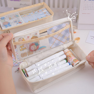 Kawaii Rožiniai pieštukų dėklai Kanceliarinės prekės Didelis saugojimo maišelis Mielas kreminės spalvos pieštukų maišeliai Rašikliai Didelis laikiklis paauglėms mergaitėms su lipduku