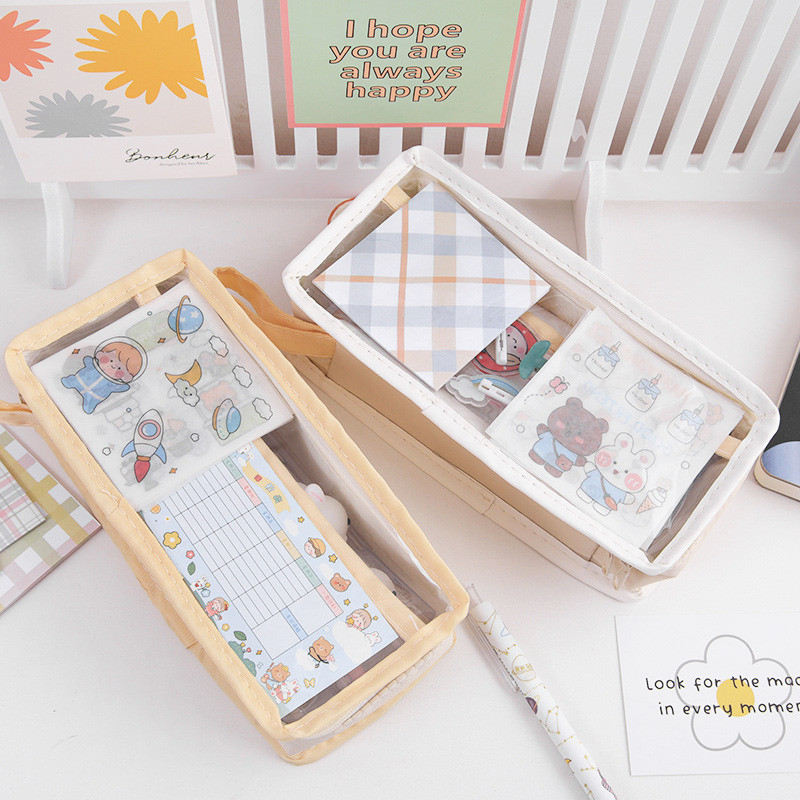 Kawaii roosad pliiatsikarbid kirjatarbed suur hoiukotike Armas kreemjas värvi pliiatsikotid Pliiatsid Suur hoidik teismelistele tüdrukutele kleebisega